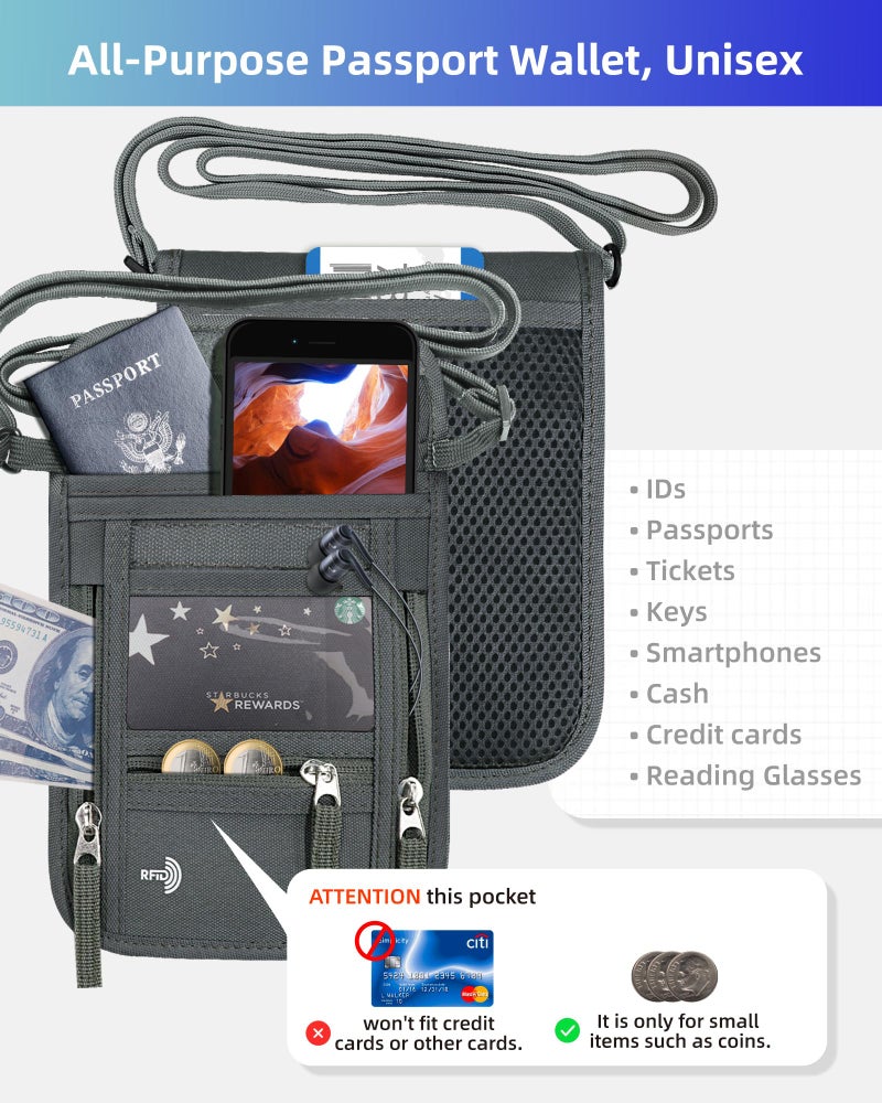 WALNEW Passport Holder Neck Pouch Travel Wallet for Women and Men, RFID Blocking Security Slim Traveling Wallet with Around Neck Lanyard Strap, Gray - Image 5
